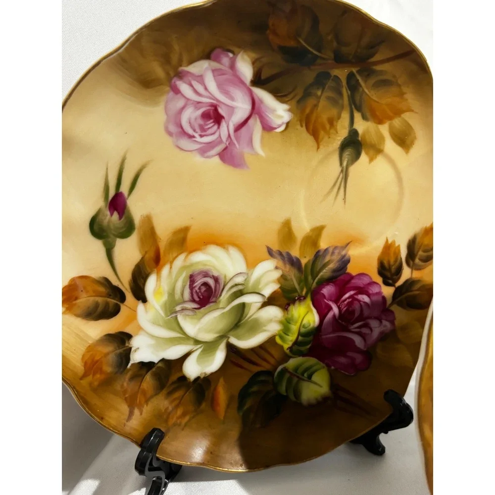 VTG Lefton China Hand Painted Heritage Brown Floral Rose Plates set of 4 Scallop